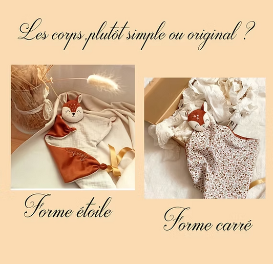 Forme de corps des doudous personnalisables - fait à la main - Biche, Lapin écru, Lapin marron, écureuil, cerf, lion, chat écru, chat marron, lion, singe, raton laveur, souris, panda, Licorne, Oie, Papillon, Léopard, Loutre, Koala, Pingouin, Renard,