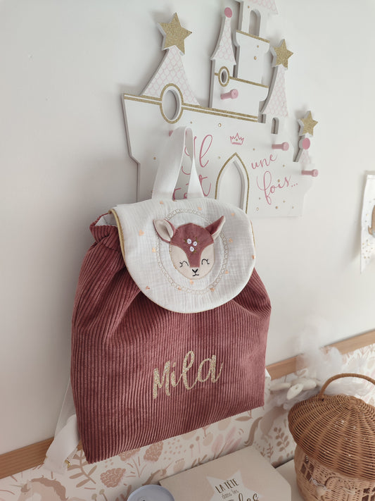 Sac à dos maternelle personnalisable – Modèle Biche Rosie Rose en tissu fait main