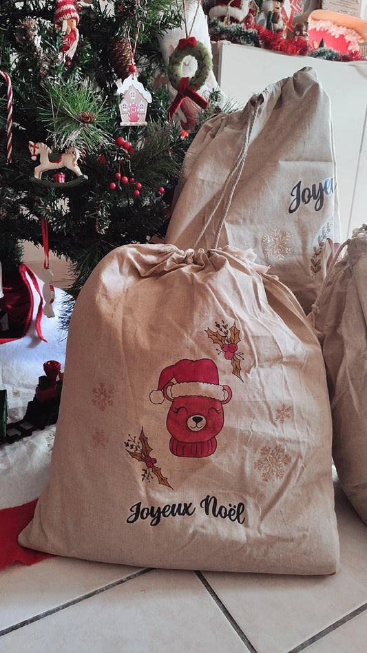 ✨ Hotte de Noël en toile de coton – modèle Léon l'ourson petit modèle dispo✨