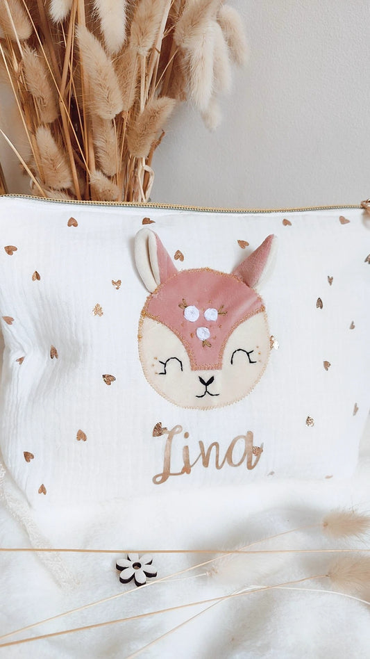 Trousse de toilette bébé à applique biche rose - modèle personnalisable