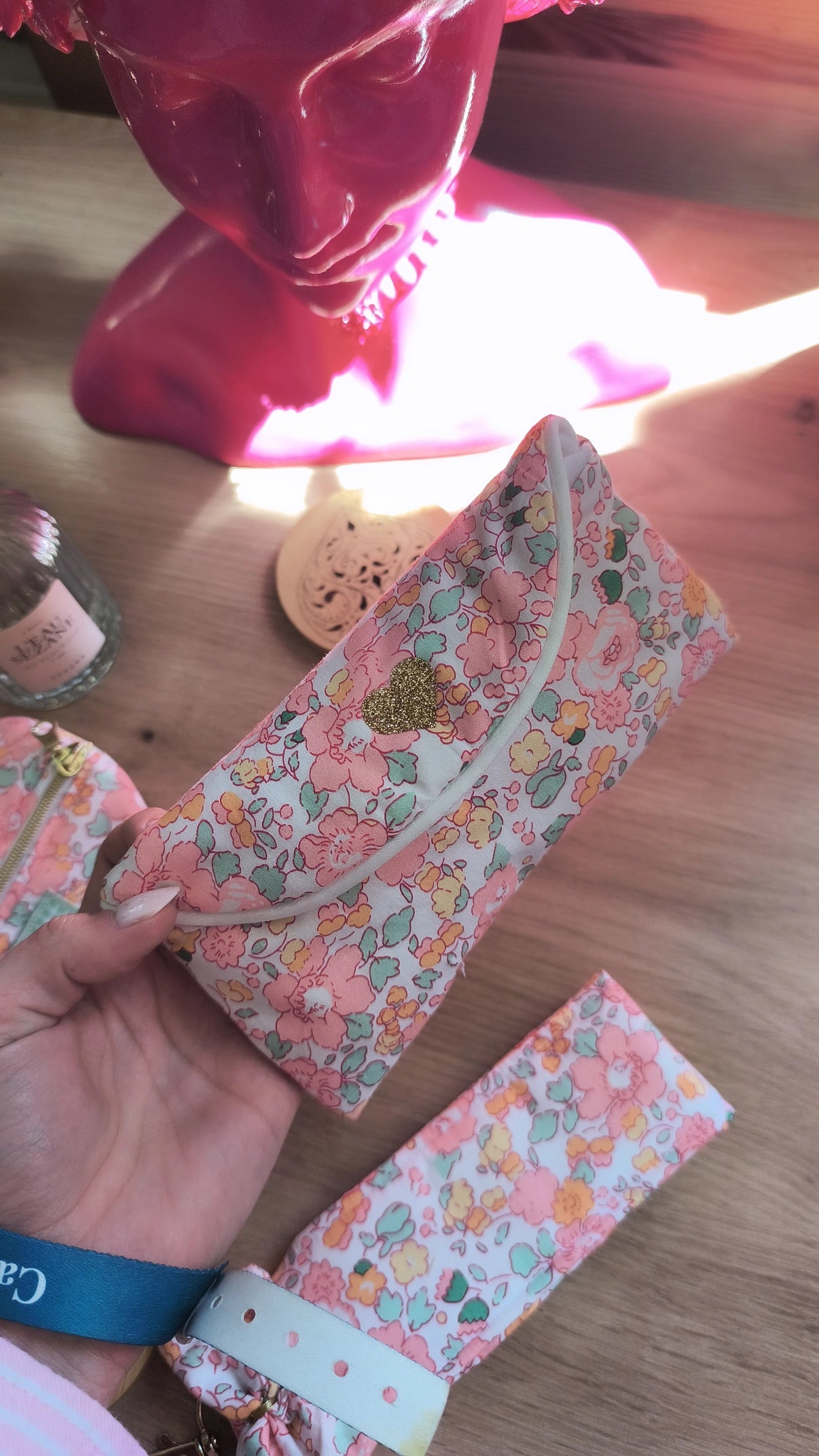 Ensemble Porte Monnaie Cœur / Porte clés / Etui à lunettes - modèle personnalisable tissu et texte