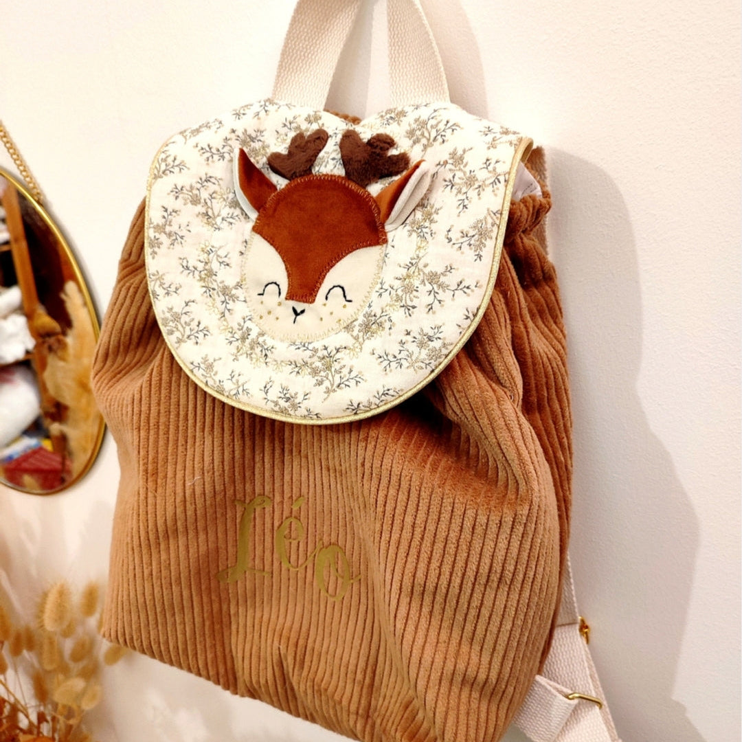 sac à dos maternelle crèche nounou - personnalisable velours côtelé - gaze de coton - sac à dos cerf