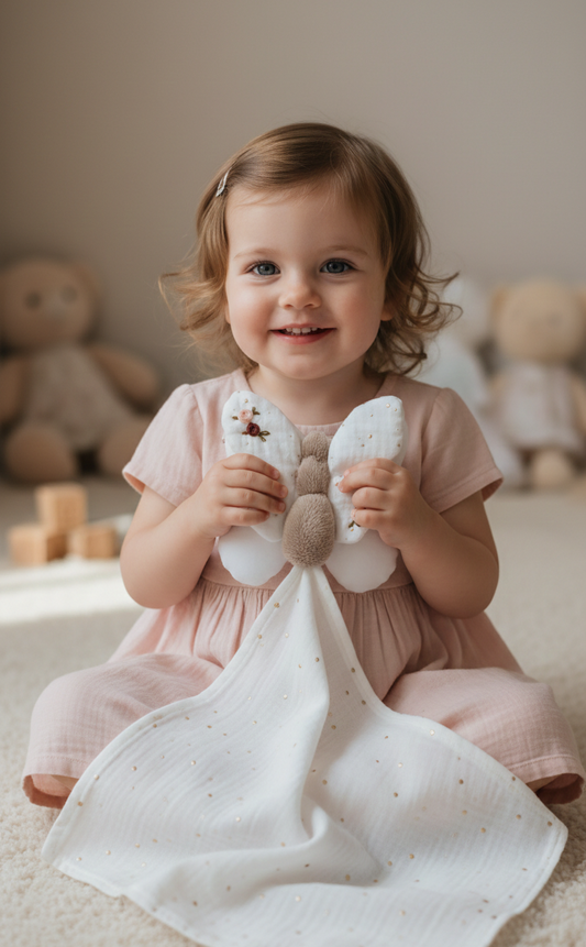 Doudou papillon Joy personnalisé – Fait main en France