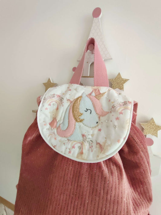 Sac à dos maternelle Polly la licorne personnalisable velours côtelé et gaze de coton