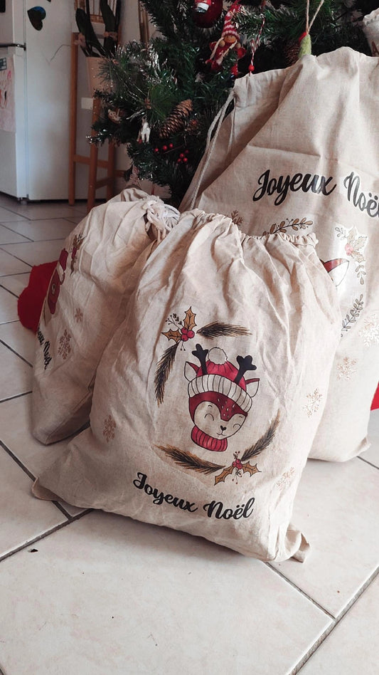 ✨ Hotte de Noël en toile de coton – modèle Cerf Séraphin petit modèle dispo✨