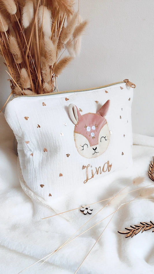 Trousse de toilette bébé à applique biche rose - modèle personnalisable
