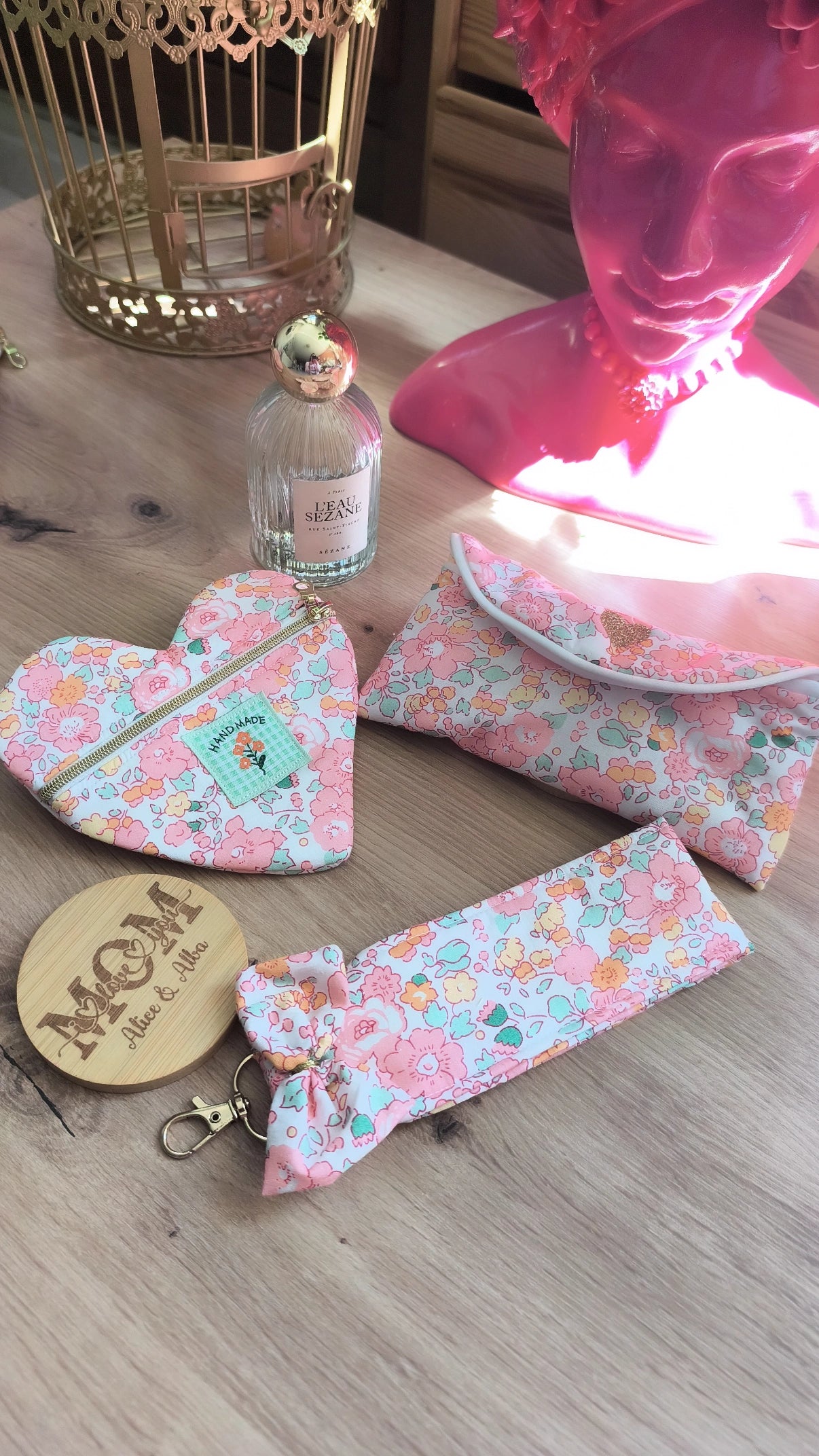 Ensemble Porte Monnaie Cœur / Porte clés / Etui à lunettes - modèle personnalisable tissu et texte
