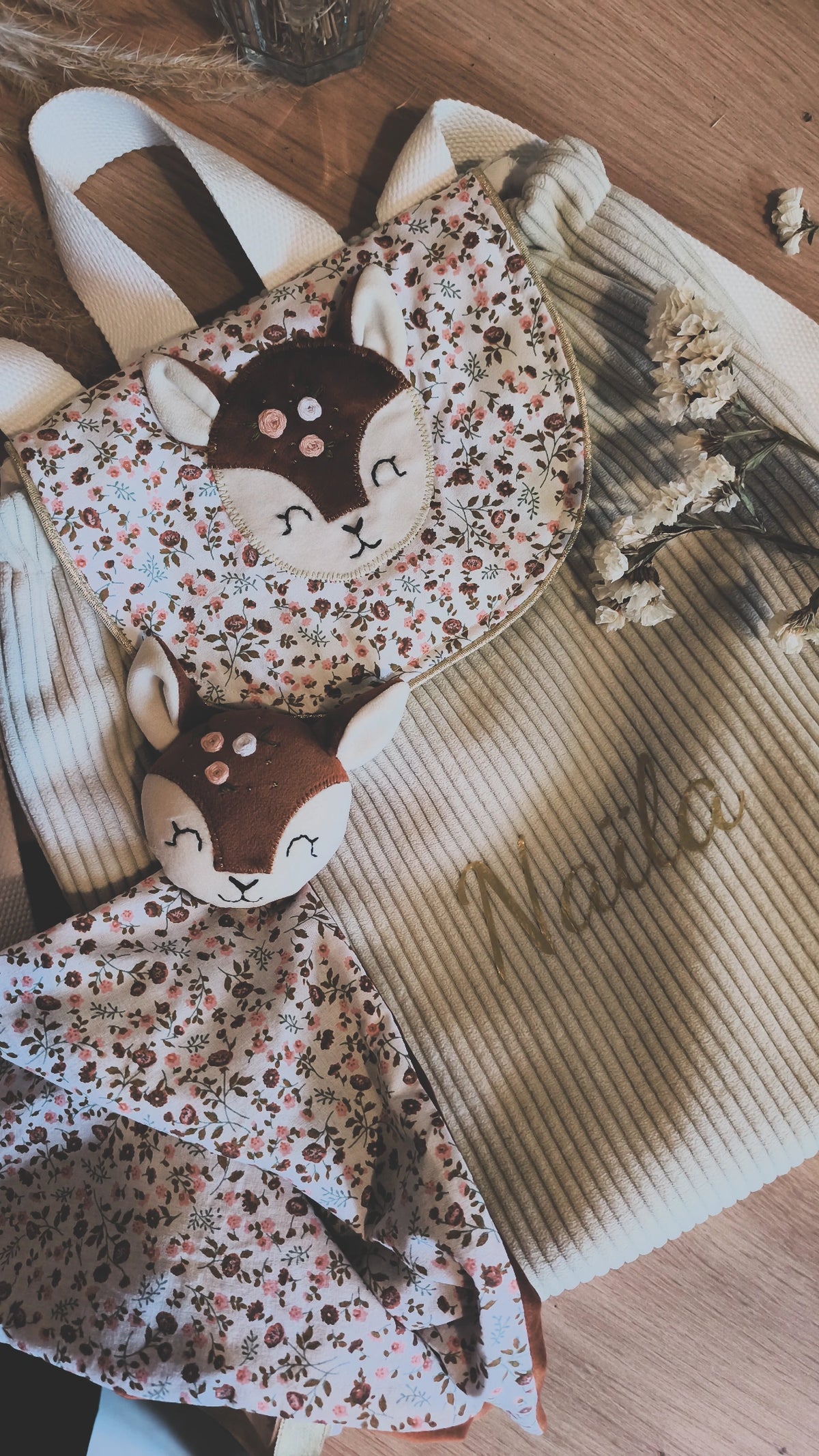 Sac à dos enfant maternelle Biche Rosie – Modèle personnalisable cousu main