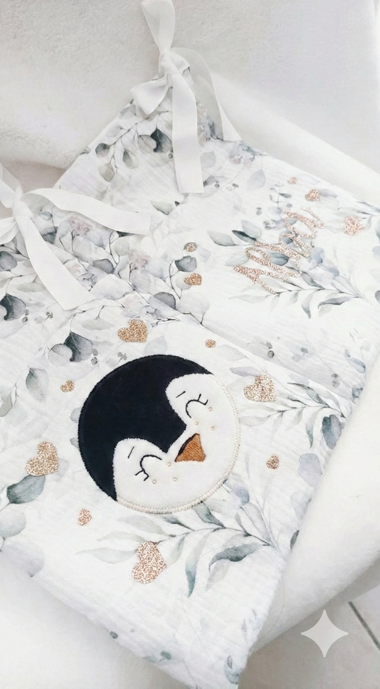 Range doudous avec applique pingouin  - modèle Personnalisable