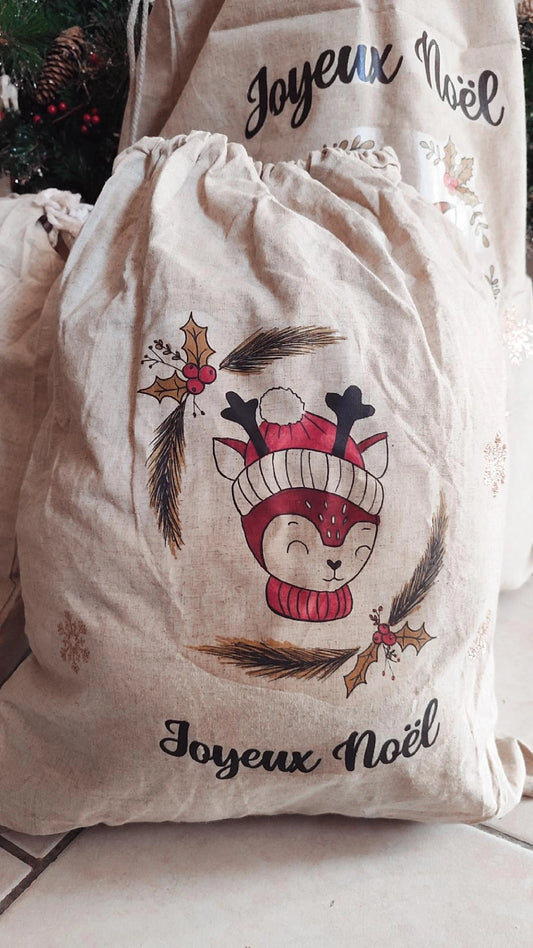 ✨ Hotte de Noël en toile de coton – modèle Cerf Séraphin petit modèle dispo✨