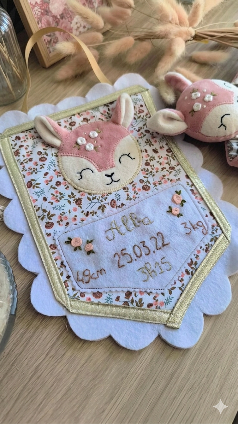 Fanion déco souvenir de naissance sur mesure et unique modèle Rosie Rose✨