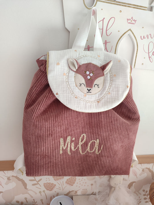 Sac à dos maternelle personnalisable – Modèle Biche Rosie Rose en tissu fait main