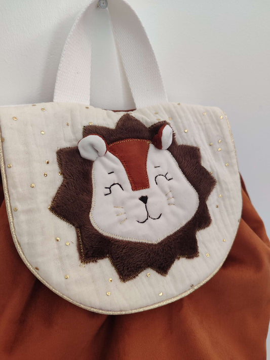 Sac à dos pour maternelle nounou ou crèche - velours et gaze de coton applique lion
