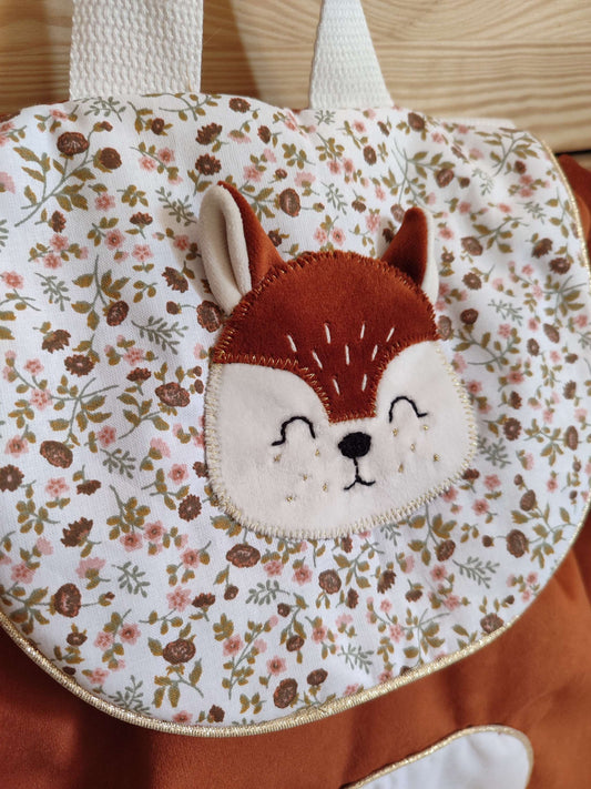 sac personnalisable enfant modèle Crunch l' écureuil brodé à la main et coton fleuri